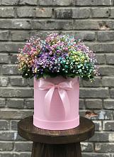 Цветочная композиция из Гипсофила и Розы в шляпной коробке в Усть-Коксе