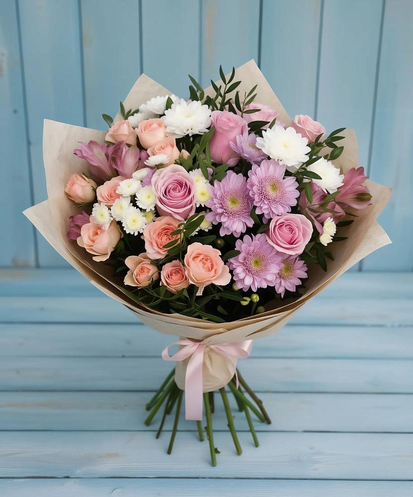 Букет цветов из: Хризантемы, Розы и Альстромерии в Усть-Коксе