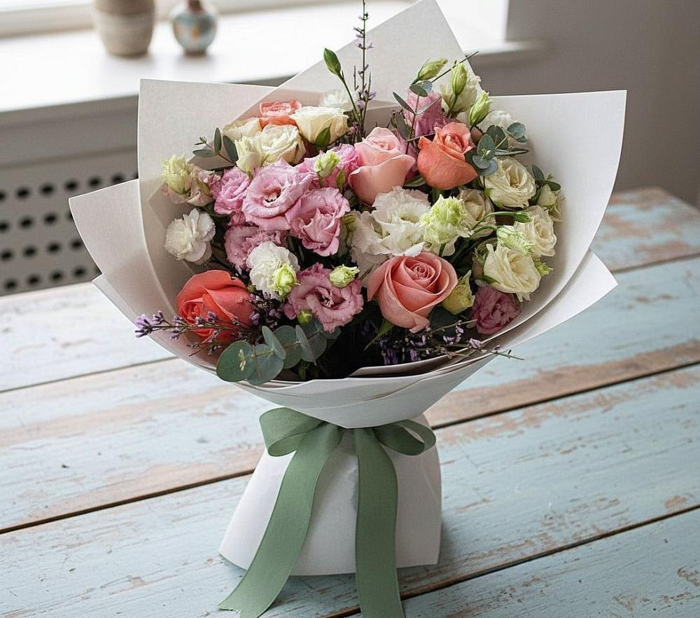 Букет цветов из: Розы, Лизиантусы и Гвоздики в Усть-Коксе