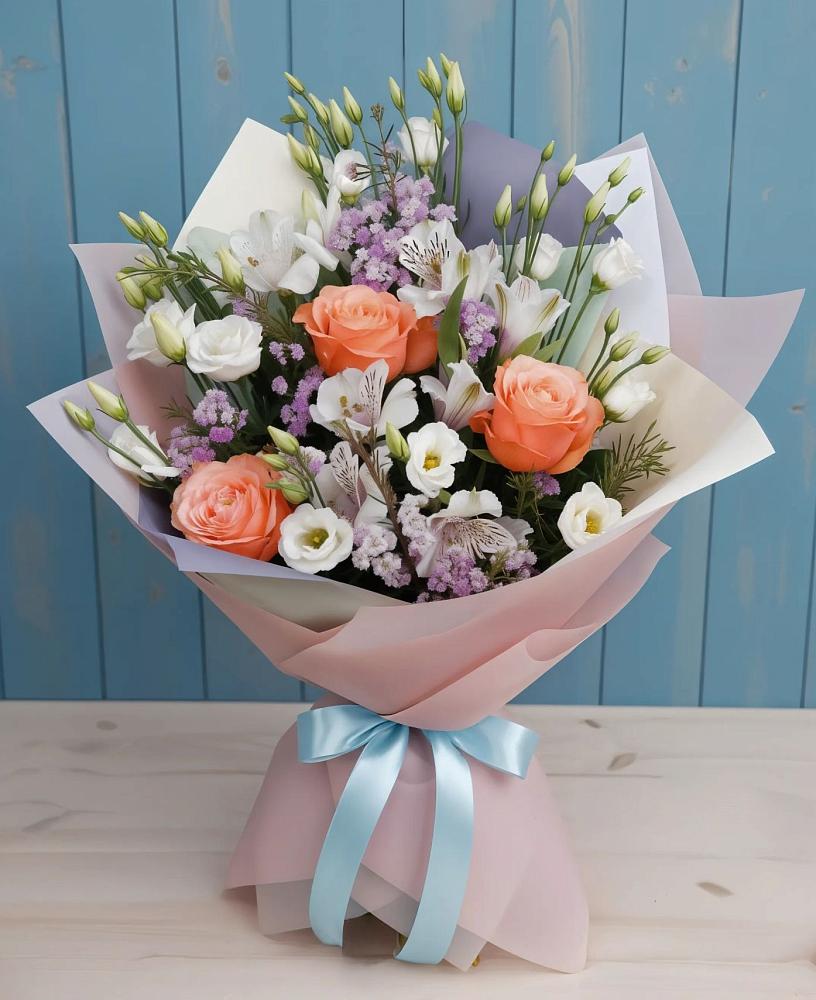 Букет цветов из: Лизиантусы, Розы, Альстромерии и Гипсофила в Усть-Коксе