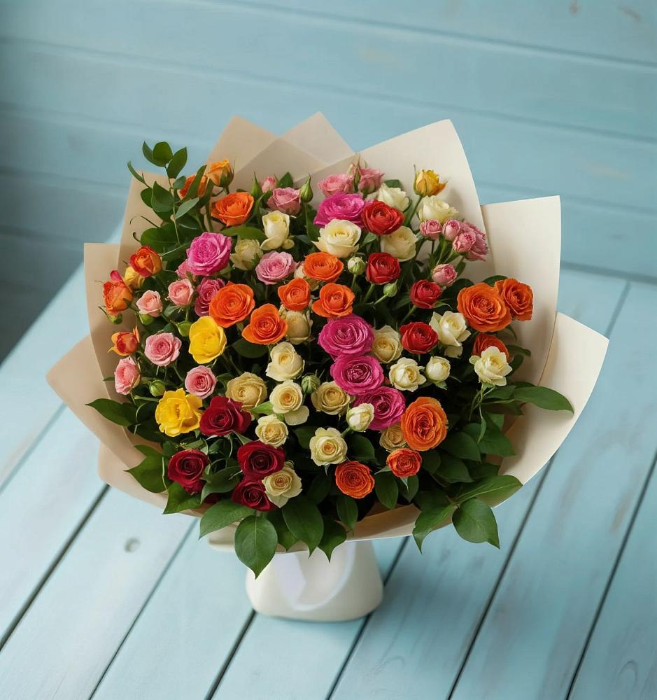 Букет Микс из разноцветных кустовых роз в Усть-Коксе